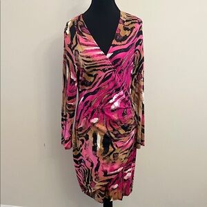 Cache Long-Sleeve Pink and Brown Animal-Print Faux-Wrap Dress